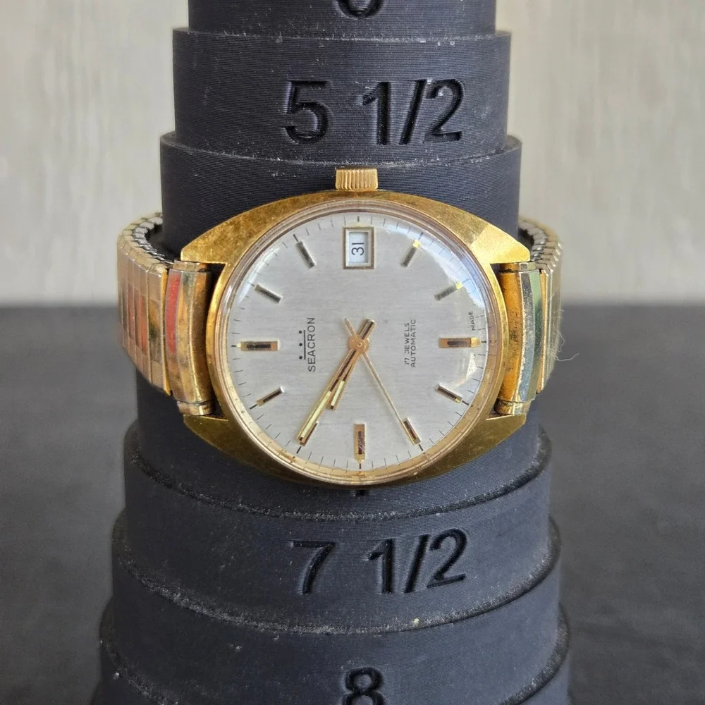 Seacron Automatic 17 Jewels Swiss Made Watch Gold Tone Speidel Band S 6.5 Tested